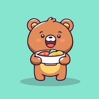 A cartoon bear holding a bowl of fruit vector