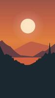 A sunset over a mountain range with a lake in the background vector