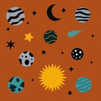 A set of planets and stars on an orange background vector