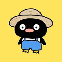 A cartoon penguin wearing a straw hat and overalls vector