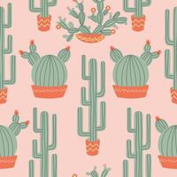 Seamless pattern with cactus in a pot, flowers. Colorful design for fabric, gift paper. vector