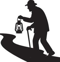 Elderly Man Walking with Lantern on Winding Path Silhouette vector