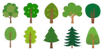 Collection of flat trees Icon green nature simple style. vector
