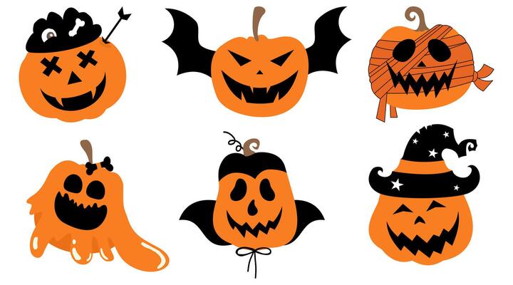 A set of Halloween pumpkin illustrations horror on white background, Jack-o-Lantern on white background.