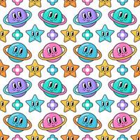 Y2K Seamless Pattern of Groovy Retro 90s style elements. Planets, Flowers, Stars with eyes and Smiles Background. vector