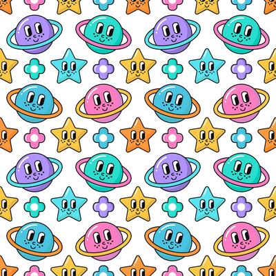 Y2K Seamless Pattern of Groovy Retro 90s style elements. Planets, Flowers, Stars with eyes and Smiles Background.