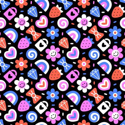 Seamless Pattern of Vintage Plastic Beads. Nostalgic 90s Retro style hand drawn Flowers, Heart, Strawberry, Lock and Crystal Background.
