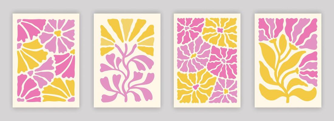 Abstract Simple colorful Flower and Leaf Composition set. Modern Art Interior Poster designs. Naive Drawing Background collection.