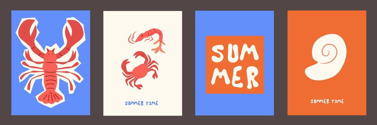 Summer and beach concept poster card set. Modern abstract prints with hand drawn lobster, shrimp, seashells, coral. Summer holiday, sea, surf theme, vacation travel illustrations. vintage wall decor.