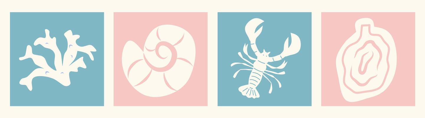 Summer and beach concept poster card set. Modern abstract prints with hand drawn coastal, lobster, seashells, coral. Summer holiday, sea, surf theme, vacation travel illustrations. vintage wall decor.
