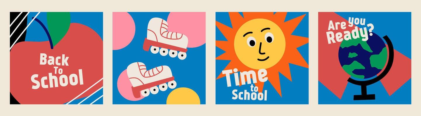 Set of Back to school cards. Flat style education icons, symbols, doodles on blue square background. Art collage, papers, hand drawn fun design elements. Bright colorful school subjects concept.