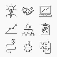 Outline icons set representing business growth, teamwork, global strategy and innovation, Ideal for corporate, marketing and planning visuals vector