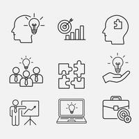 Minimal outline icon set representing creative business solutions ideas, teamwork, goals, innovation and strategy concepts vector