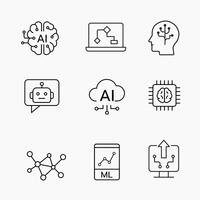 Set of minimalist AI icons showing robotics, machine learning, facial recognition and automation vector