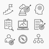 Outline icons set featuring strategic goals, planning, analysis and business development tools, Perfect for corporate or marketing visuals vector
