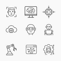 Artificial Intelligence Minimalist outline icon set representing, robotics, facial recognition, machine learning and automation vector