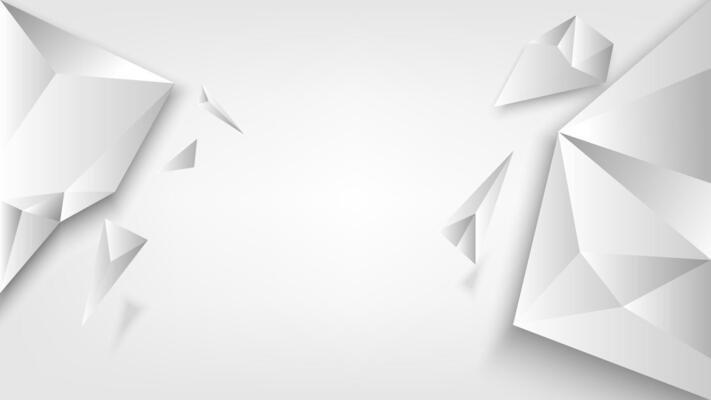 A clean minimal white polygonal background featuring abstract geometric shapes casting soft shadows