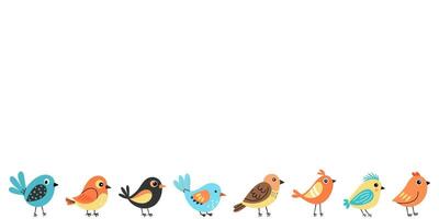 Cute colorful birds in a row on white background. Flat cartoon style, minimal and playful design. Perfect for kids, nursery decor, greeting cards, and spring-themed projects. vector