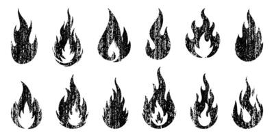 Set of black grunge fire flame icons with distressed texture. Flame symbols in rough vintage style for labels, signs, posters, or graphic design on white background. vector
