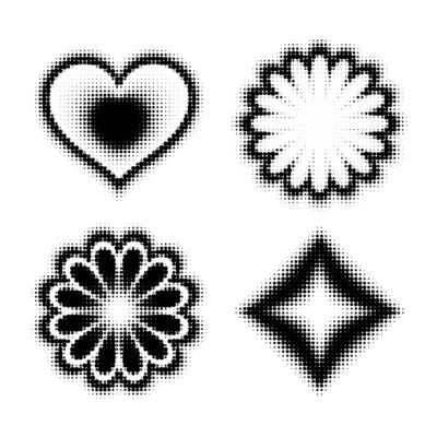 Halftone geometric icon set in black on a white background. Abstract shapes hearts, flowers, stars, with a retro pixelated dot pattern. Perfect for modern, minimal, and Y2K inspired designs.
