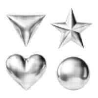 Black halftone icon set with heart, star, triangle, and circle. Retro geometric shapes with pixel dot gradient. Perfect for Y2K, minimal, and futuristic graphic design projects. vector