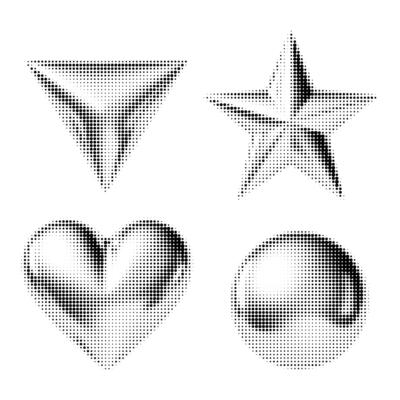 Black halftone icon set with heart, star, triangle, and circle. Retro geometric shapes with pixel dot gradient. Perfect for Y2K, minimal, and futuristic graphic design projects.