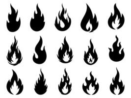 Set of black fire flame silhouette icons in different shapes. Simple flat design for symbols, warnings, logos, and graphic elements. vector