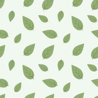 Seamless pattern with simple green leaves on light background. Flat minimal style. Ideal for eco packaging, wallpaper, fabric, stationery, and nature-themed design projects. vector