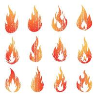 Grunge fire flame icon set in red and orange gradient. Vintage textured collection for labels, stickers, warning signs, and design elements on white background. vector