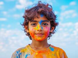 Portrait of a young Indian boy Holi. Face covered in Holi colors with a beautiful blue sky in background photo