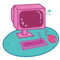 Cute pink computer. Pink monitor, keyboard and computer mouse on a green stand. Retro computer icon. vector