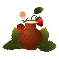 Clay jug with milk on the background of a strawberry bush. illustration isolated on a white background. vector