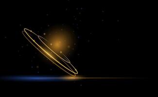 Element with gold wave line, glow neon light effect on dark, black color background vector