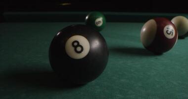 Multi-colored billiard balls in a chaotic manner lie on the billiard table, slow shooting without moving objects, without people in the frame photo