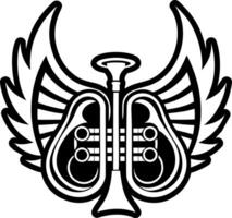A black and white drawing of a trumpet with wings vector