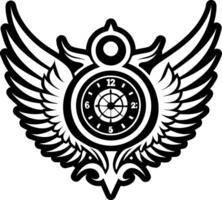 A black and white logo with wings and a clock vector
