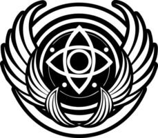 A black and white logo with a circle and wings vector