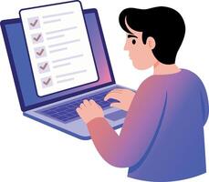 A flat style illustration showing a student solving online quiz vector