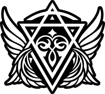 An image of a black and white logo with wings