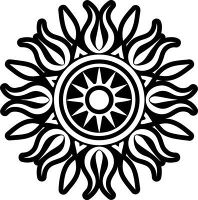 A black and white sun design with a flower in the center