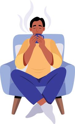 A character drinking coffee peacefully, flat style illustration