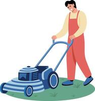A flat style illustration showing a character using lawn mower vector