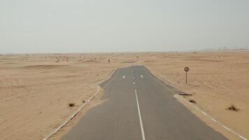 Drone view of an asphalt road in the middle of the desert, covered with sand photo