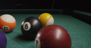 Multi-colored billiard balls in a chaotic manner lie on the billiard table, slow shooting without moving objects, without people in the frame - without photo