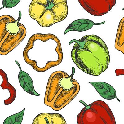 Seamless Pattern With Bell Peppers and leaves