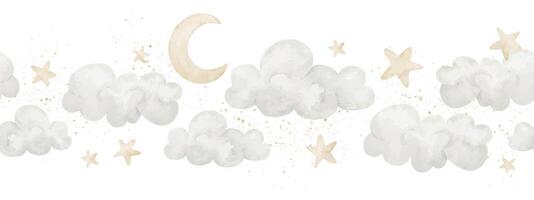 Watercolor sky Border with clouds, crescent moon, and scattered stars in pastel colors. Illustration of seamless Pattern for baby shower greeting cards or childish invitations. Frame for nursery. vector