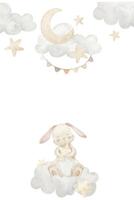 Watercolor Bunny sitting on a cloud with moon and stars. Illustration of Template with cute Rabbit and sky elements for Baby shower greeting card or Birthday party invitation. Frame for nursery poster vector