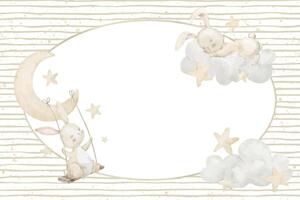 Watercolor Template for greeting Card with sleeping and swinging Bunnies, moon, stars and clouds in pastel colors. Illustration of frame with Rabbits for nursery posters or Baby shower invitations. vector