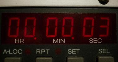 Timer in a professional tape recorder while recording studio sounds. Close-up of the screen with the countdown - studio photo