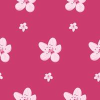 Seamless pattern with pink cherry blossom flowers on bold magenta background. Spring floral design and romantic textile concept in soft hand drawn style vector